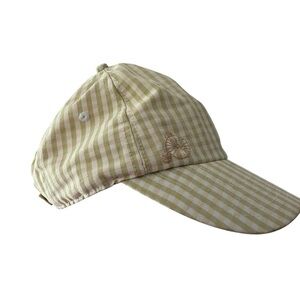 Vintage Gingham Seersucker Cap | Beige Green Checkered Bicycle Embroidery Hat